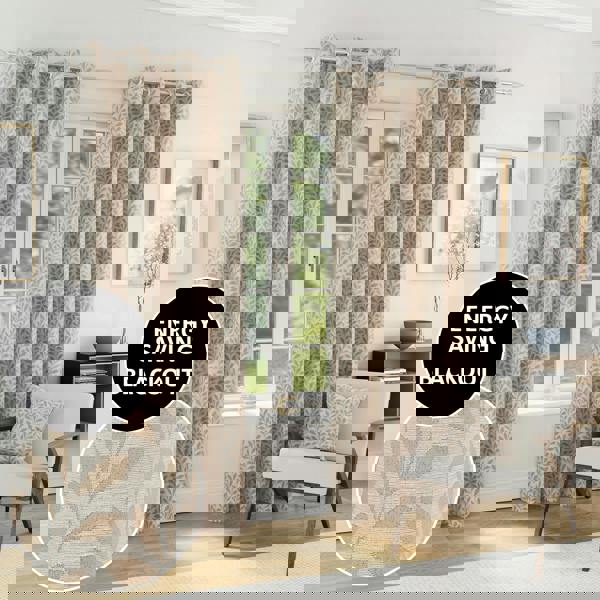 Enhanced Living Natural 100% Blackout Jacquard Leaf Curtains - Thermal/Energy Saving Pair with Eyelets For Living Room & Bedrooms