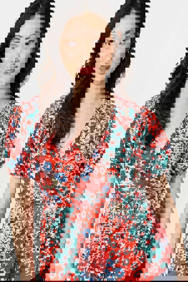 Orange | Ditsy Floral Faux Wrap V-Neck Top
