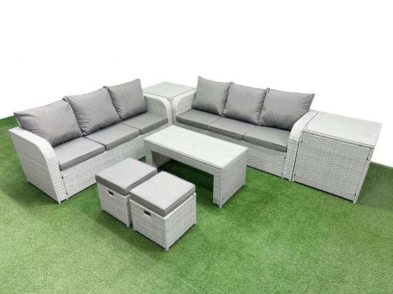 Fimous 8 Seater Rattan Outdoor Sofa Set - Light Grey Wicker with Oblong Coffee Table, High Back Lounge Sofa & Stools