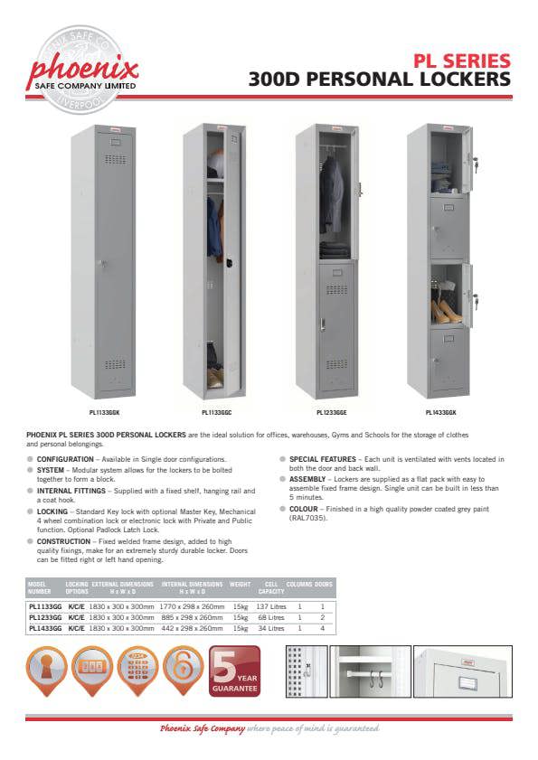 Phoenix Safe Phoenix PL 300D Series PL1133GGC 1 Column 1 Door Personal locker in Grey with Combination Lock