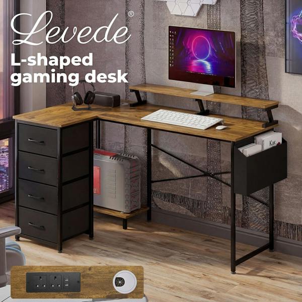 Levede Gaming Desk L Shaped with USB Charging Port Power Outlet Walnut Color