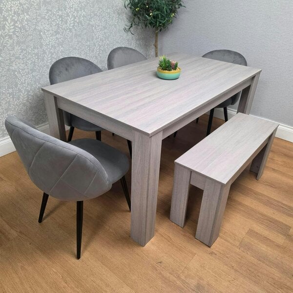 Kosy Koala Light Grey Arrow Pattern Dining Table Set with 4 Grey Velvet Chairs & Bench, 140x80x75cm