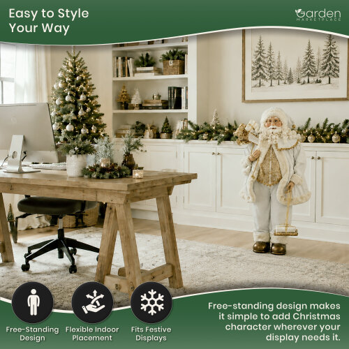 Standing Father Christmas Figure with Sack of Presents, White Santa Style Decoration, Free Standing Festive Ornament, 90cm Tall