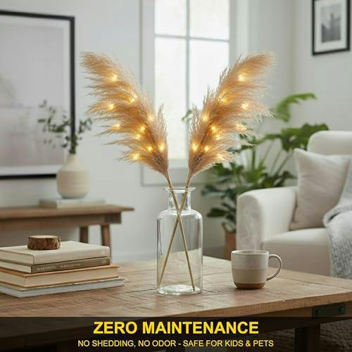 45cm to 100cm Champagne Pampas Grass with Warm White LEDs, Battery-Operated Decorative Stem image 4