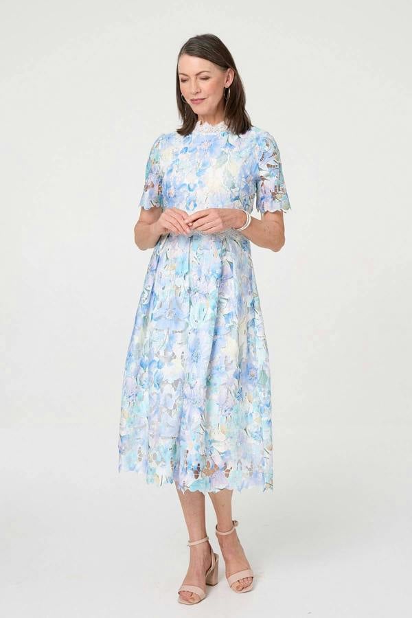 Blue | Floral Semi Sheer Lace Layer Midi Dress