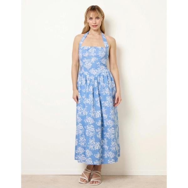 Blue Vanilla Ditsy Floral V Waist Halter Midi Dress