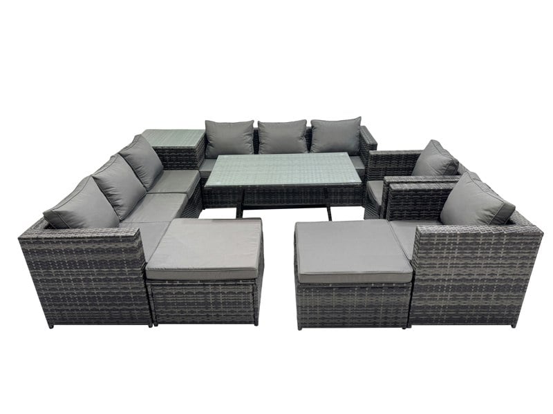 Fimous Outdoor Corner Sofa Chair Dining Table Set Garden Rattan Furniture Set 10 Seater with 2 Big Stools Dark Grey