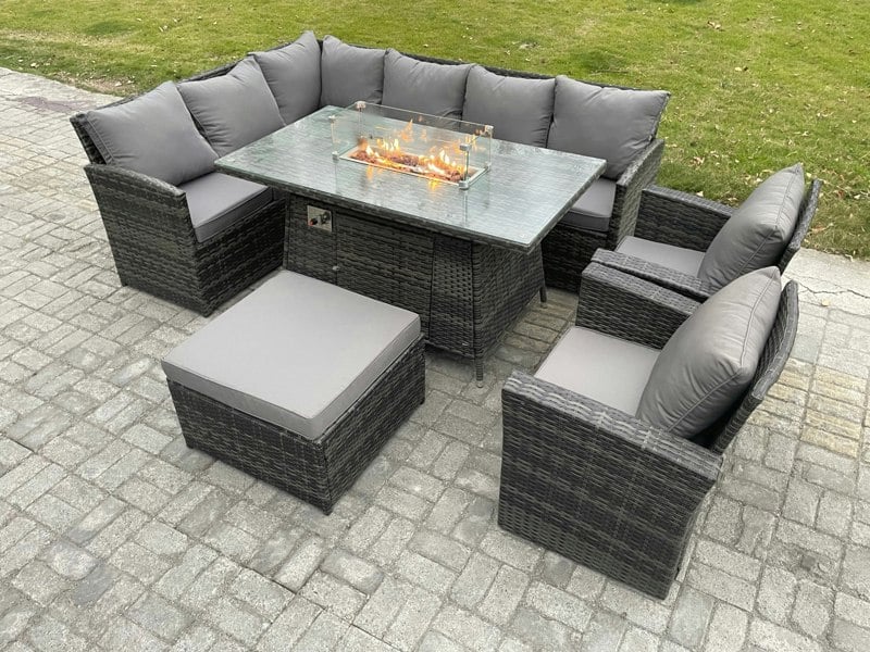 Fimous 9-Seater Rattan Corner Sofa Dining Set | Outdoor Gas Fire Pit Table & Heater, Armchair, Footstool | Dark Grey