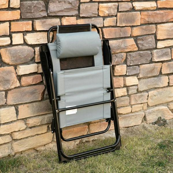 Set of 2 grey folding patio recliner chairs with cushioned backrest and black base