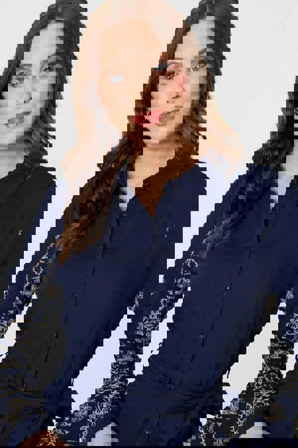 Navy | Embroidered Long Sleeve Shirt Midi Dress