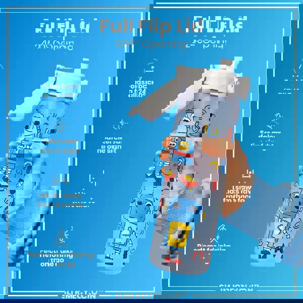 A water bottle with a robot design is being held. Its full flip lid opens 240 degrees. The bottle is advertised as perfect for on-the-go drinking. SLIM RECYCLON™.