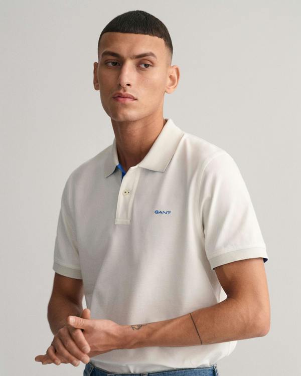 GANT Regular Fit Short Sleeve Contrast Pique Rugger - 113 Eggshell - CHO - Designer Mens Short Sleeve Polo Shirts