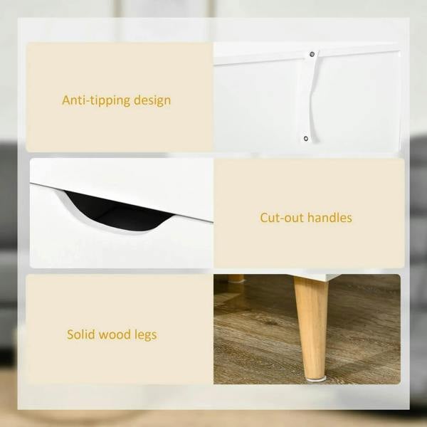 White bedside cabinet detail: cut-out drawer handles and anti-tipping bracket