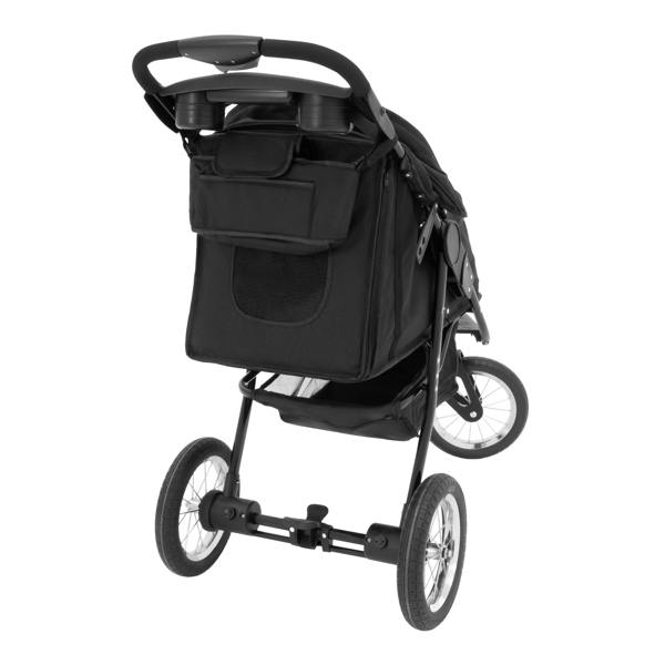 Black pet jogger with spacious storage compartment, sturdy wheels, and ergonomic handle, designed for comfortable outdoor use