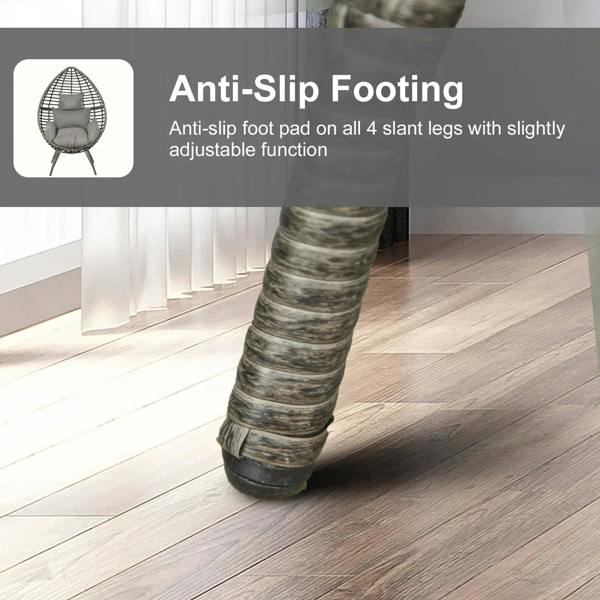 Grey wicker egg chair leg with anti-slip foot pad on four slanted legs