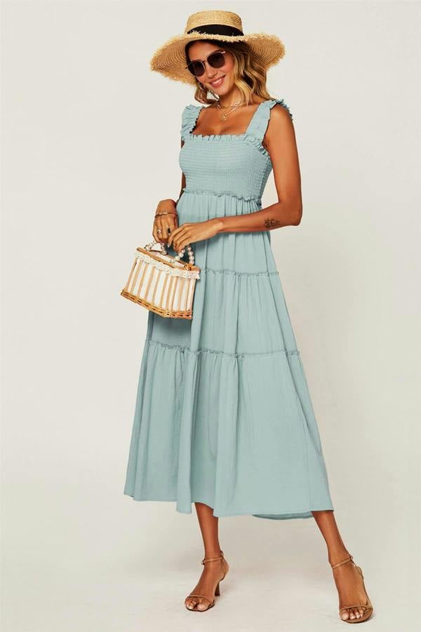 FS Collection Hem Detail Tiered Maxi Dress In Duck Egg