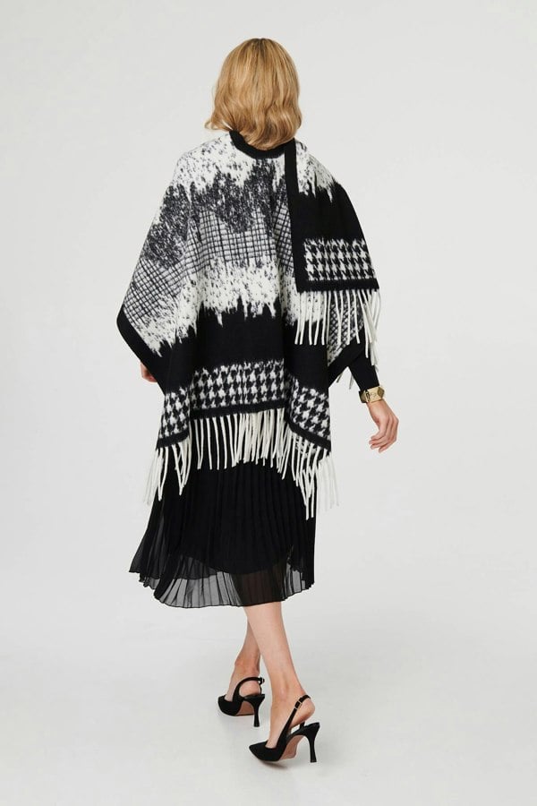 Black | Scarf Printed Fringed Oversized Poncho
