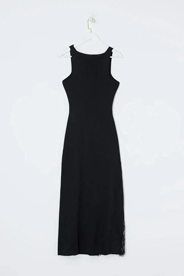 WOVCOR Plain Maxi Crew Neck Maxi Body-Hugging Lace Detail Knit Dress