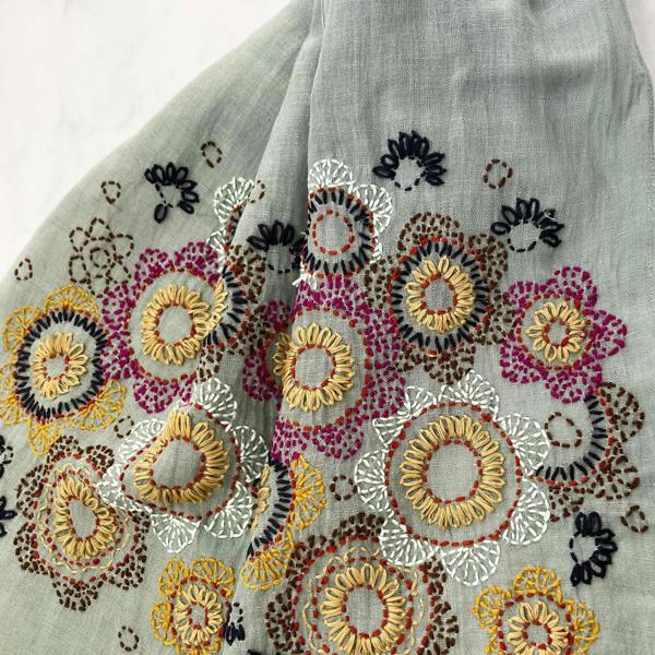 Hayley & Co Hand Embroidered 100% Linen Scarf in Grey Floral