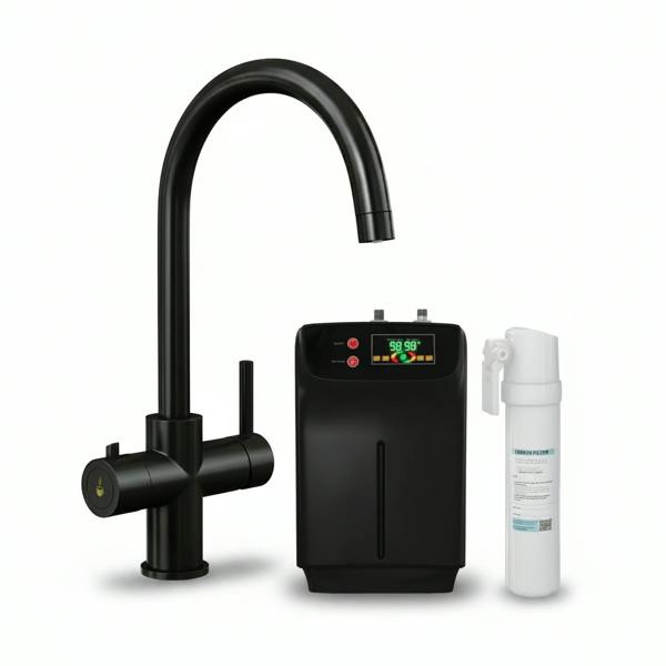 Matt black boiling water tap, boiler and carbon rod filter on a white background