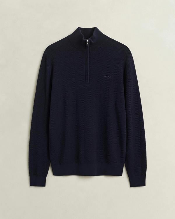 GANT Mens Herringbone Texture Half Zip Sweater - 433 Evening Blue | CHO | Designer Mens Half Zip Jumpers