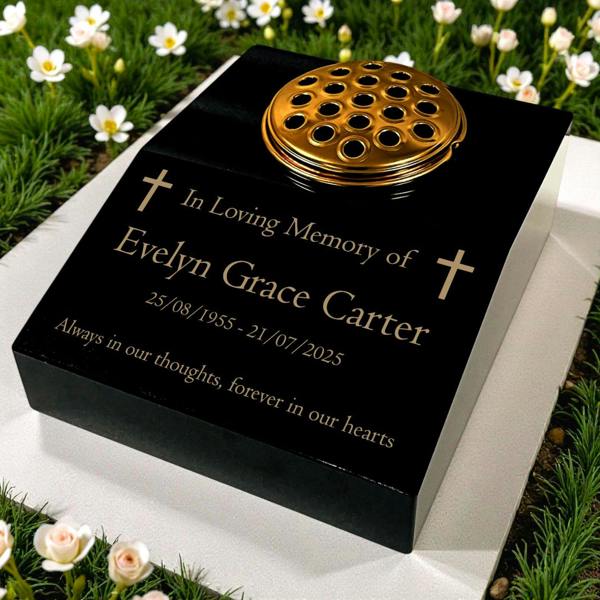 Memorials Direct Black Granite Sloping Memorial Desk with Vase – Cross Design, Free Gold Engraving