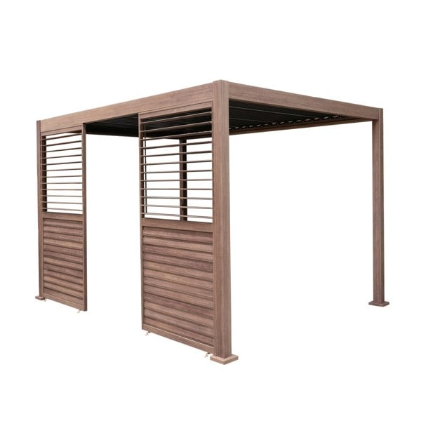 Wood effect aluminium pergola 3 x 3m featuring two louvre panels, showcasing a sleek design with a textured finish and warm brown tones