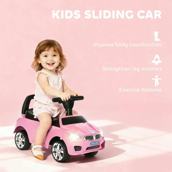Pink kids sliding ride-on car with black steering handle and sporty front