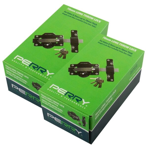 2 x Perry 1126A070BK 70mm No 1126 KA Single Locking Long Throw Locks with Elongated Keep and Stainless Steel Bar