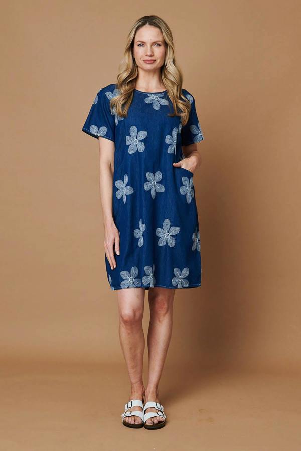 Blue | Floral Embroidered Short Shift Dress