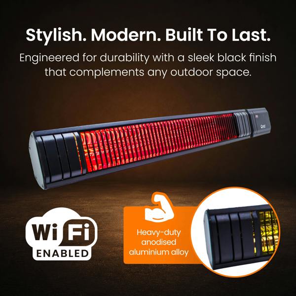 Castle Heaters 2500W Wi-Fi Infrared Patio Heater – Low Glare, Remote Control, IP65 | KMH-25R9
