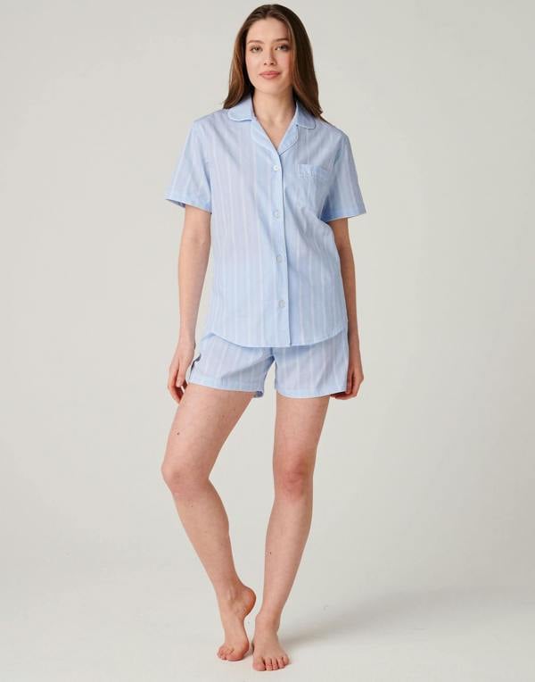 British Boxers Women's Cotton Short Pyjama Set – Breezy Blue Satin Stripe