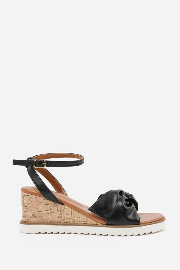 Where's That From Katara Knot Detail Wedge Shoes With Buckle Ankle Strap in Black Pu