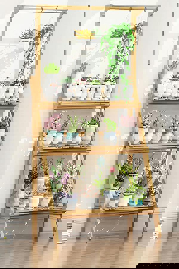 Living and Home 3-Tier Foldable Wooden Ladder Shelf with Hanging Rod