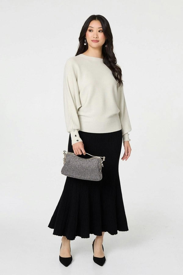 Black | Stripe Pleated Texture Knit Maxi Skirt : Model is 5'9"/175 cm and wears UK8/EU36/US4/AUS8
