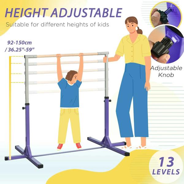 Purple height-adjustable kids gymnastics bar with adjustable knob and stable bases