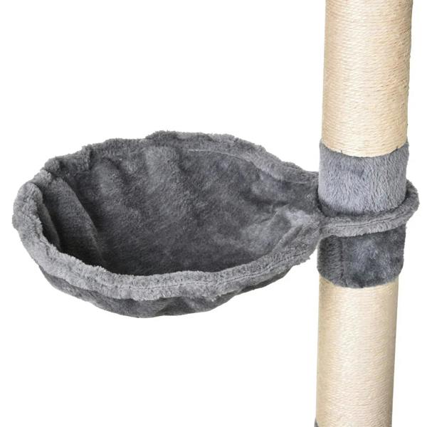 Grey plush cat hammock pod on a vertical scratching post
