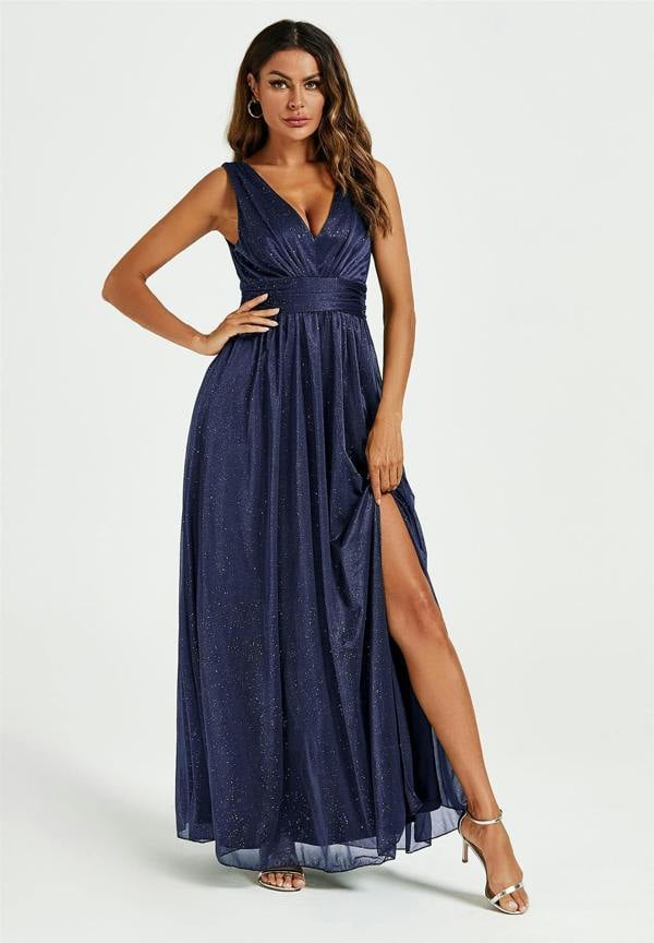 FS Collection Sparkly V Neck Bridesmaid Maxi Dress In Navy