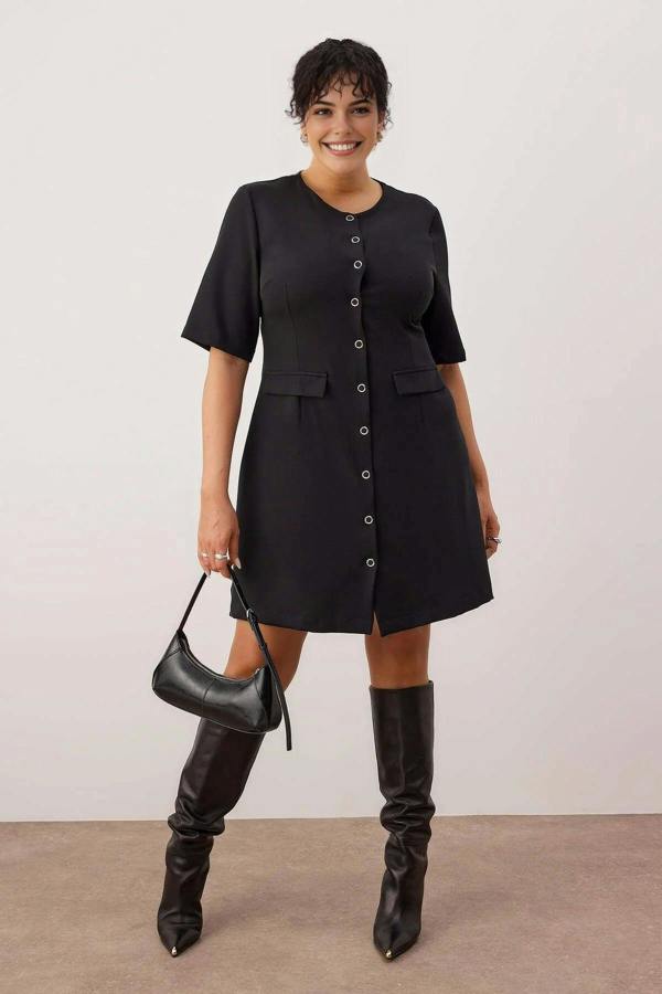 WOVCOR Buttoned Mini Woven Plus Size Dress