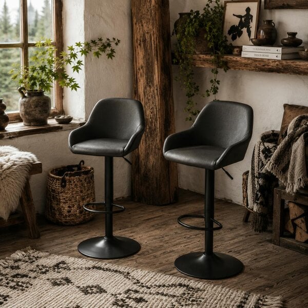 Wyld Haus Falani Set Of 2 Black Faux Leather Adjustable Bar Chairs With Armrests
