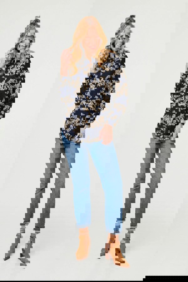 Navy | Floral Embroidered Long Sleeve Blouse
