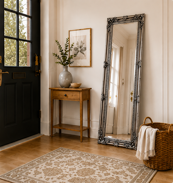 Downton Interiors Antique Silver Tall Ornate Dressing Wall Mirror with Bevelled Glass 142cm