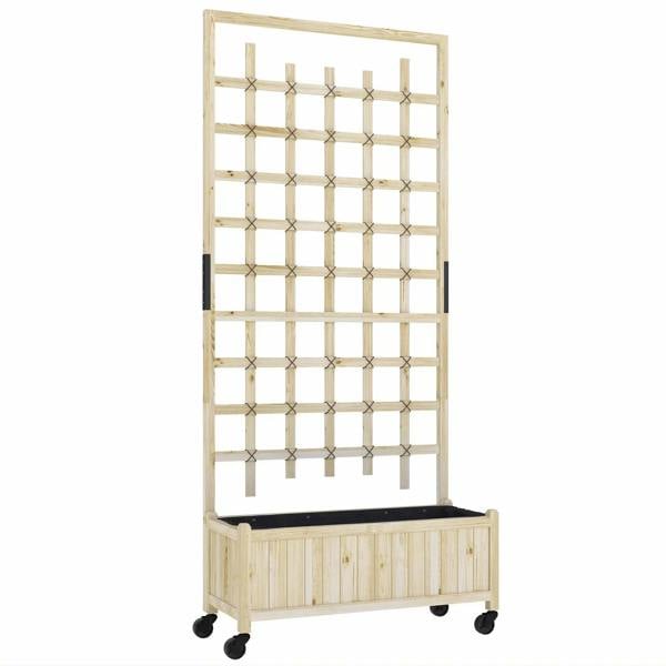 Raised wooden garden planter with grid trellis and four caster wheels.