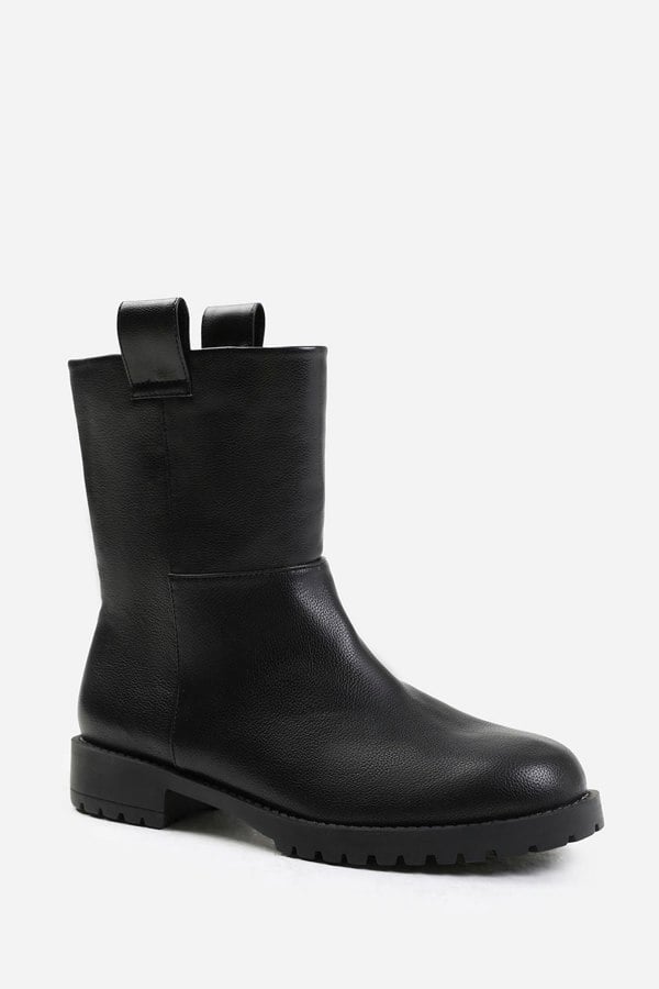 Where's That From Delta Mid Calf Boot With Stitching Detail in Black Grain Faux Leather