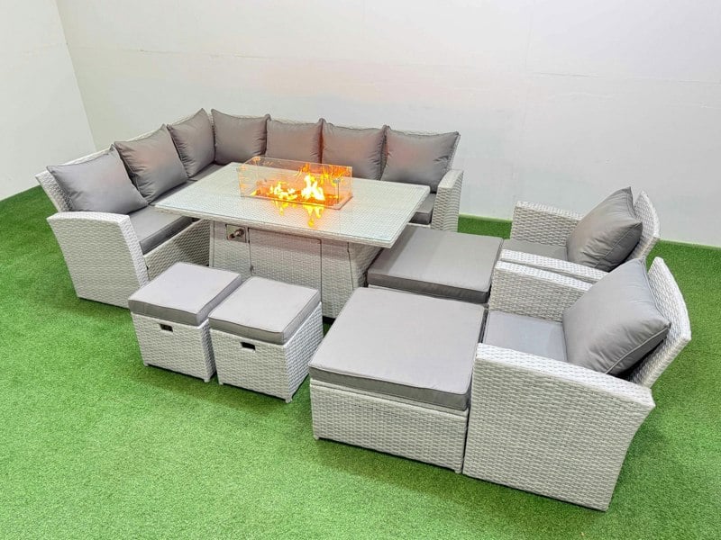 Fimous Outdoor Furniture Garden Dining Set Rattan Corner Sofa Chair Sets Gas Fire Pit Table with Temper Glass Footstools Light Grey Mixed