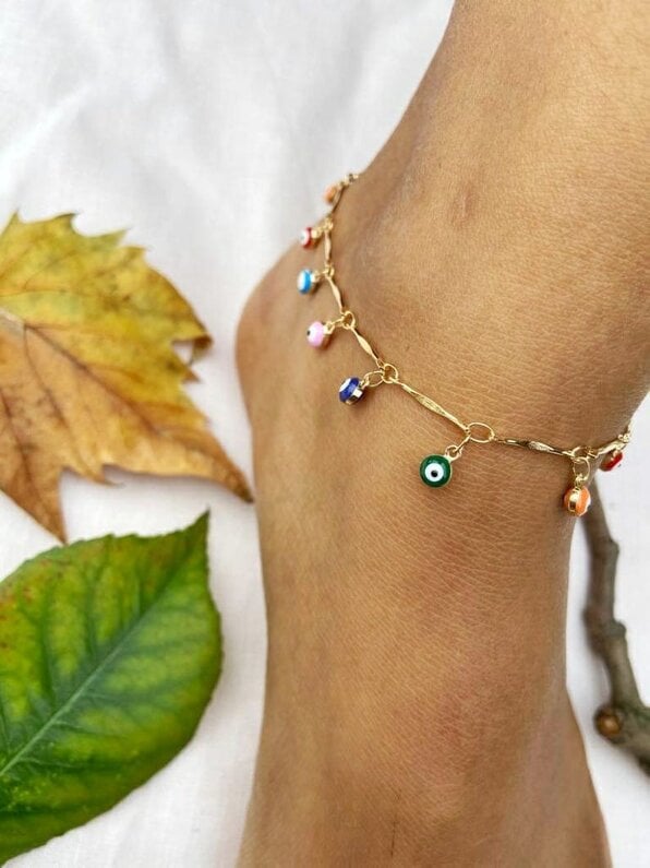 The Colourful Aura Dainty Colourful Evil Eye Beaded Dangly Protection Foot Anklet