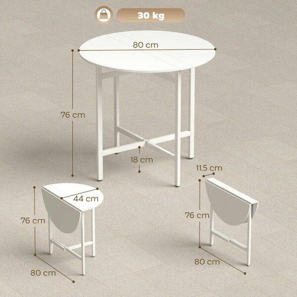 Collapsible Drop Leaf Table, Folding Dining Table for Small Spaces, Extendable Kitchen Table with Steel Frame, White