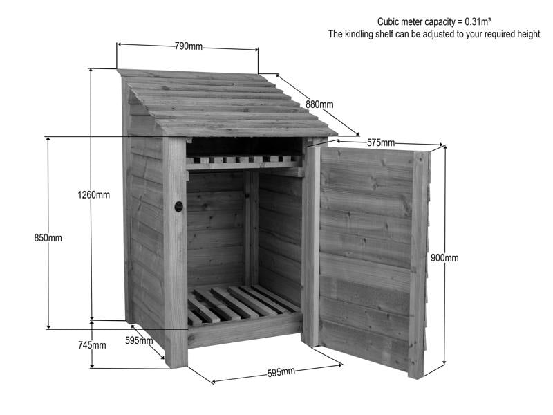 Arbor Garden Solutions Wooden Log Store with Door and Shelf W-79cm, H-126cm or 180cm, D-88cm - Brown Finish