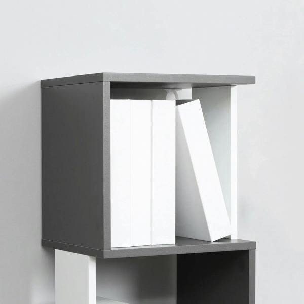 Corner view of dark gray and white 5-tier bookshelf with open square shelves