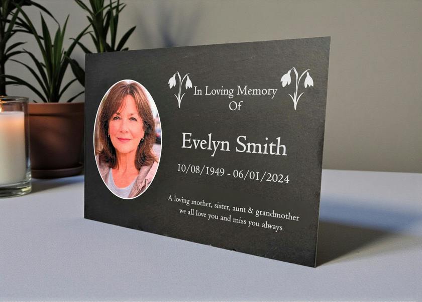 Memorials Direct Photo Slate Memorial Plaque, Snowdrop, Add a Portrait & Personalised Text | 35×25cm (14×10”)